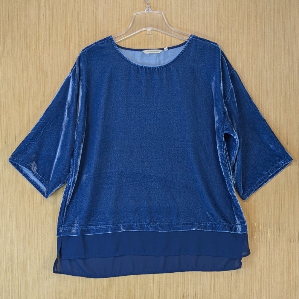 Soft Surroundings Crushed Velvet Artsy Tunic Top Size L Blue Sheer Chiffon Hem